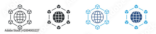 Global data blockchain network icon set. cubes around globe. worldwide logistics and digital technology concept. vector illustration.