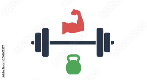 fitness icon with barbell kettlebell and flexing arm