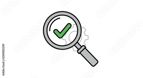magnifying glass with green checkmark over gear icon