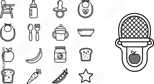Foto Baby feeding chair, bottle, pacifier, bibs, food, and feeder