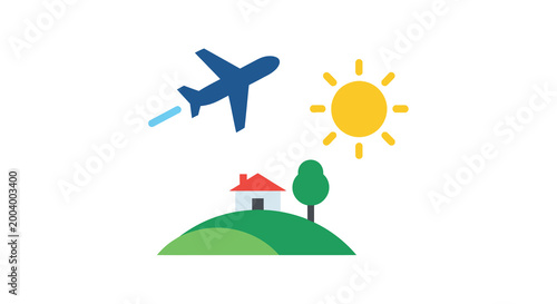airplane flying over house with sun and tree