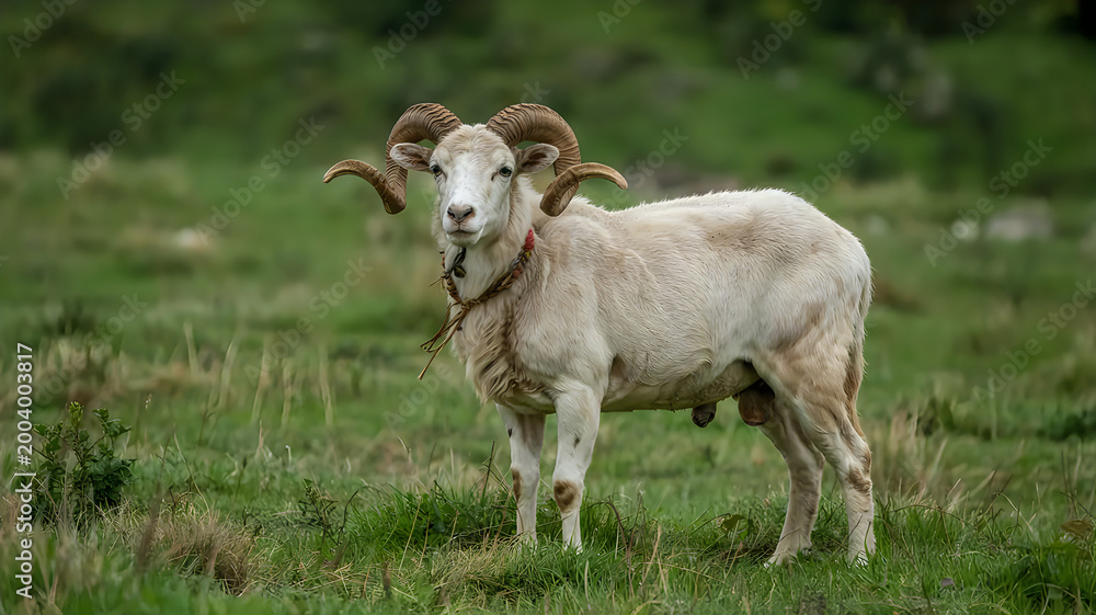 Obraz premium White ram standing in green grassy field with large curved horns and red collar outdoors