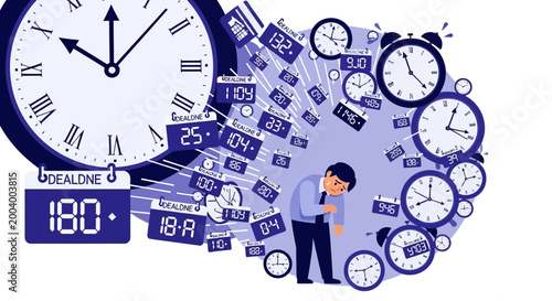 Digital illustration showing a man dealing with life pressure and failure while surrounded by clocks and calendar reminders illustrating tired work against a clean white background