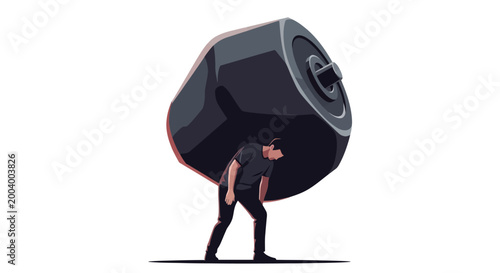 A man is depicted carrying an enormous, dark weight on his back, symbolizing the challenges and life pressure he faces, set against a stark white background in a conceptual and minimalist