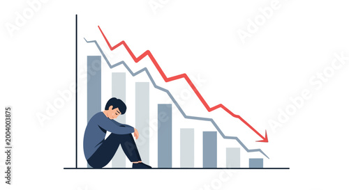 An illustration depicts a stressed individual in a state of failure due to life pressure, symbolized by a downward trending graph and falling bar chart against a plain white background