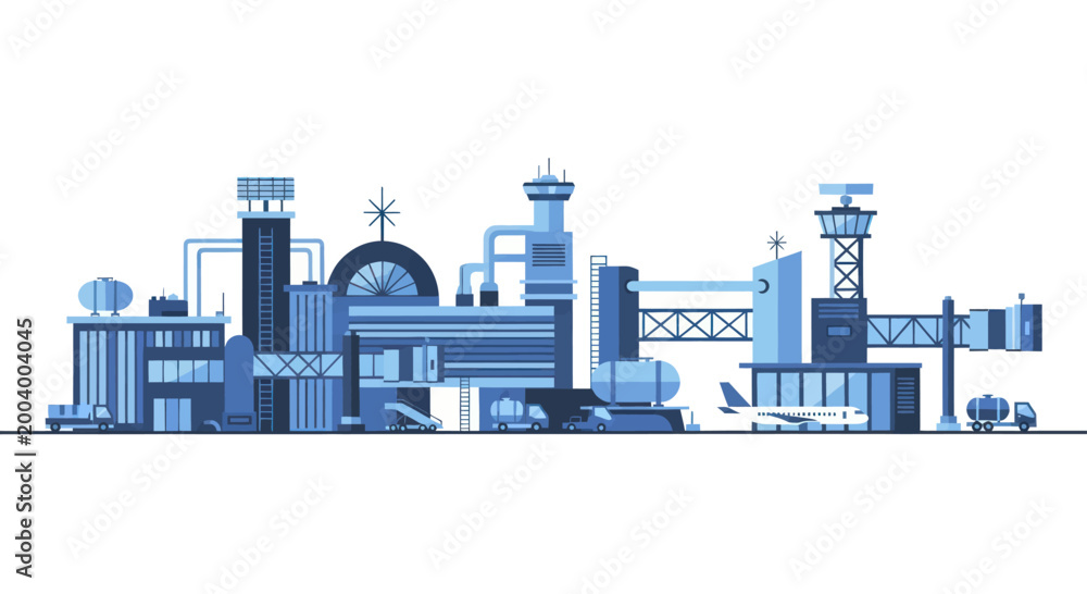 Obraz premium Modern Airport Terminal Building with Control Towers and Airplanes.