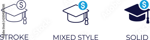 Graduation cap with money icons. Scholarship, student loan debt, education cost, tuition fees, investment in knowledge, and academic success.