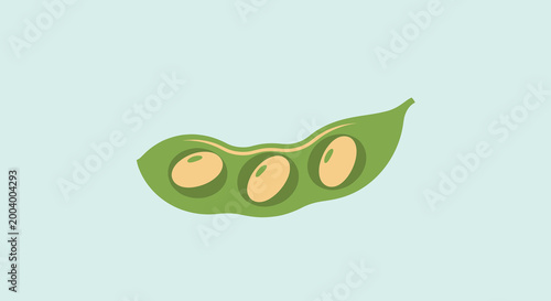 pea pod with three seeds on light blue background