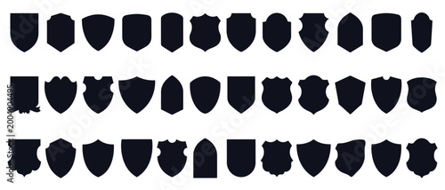 Mega collection of 36 shield silhouettes vector — black heraldic badge and crest shapes in various styles for logo, sports team, security and emblem design
