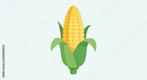 corn cob with green husk on light blue background