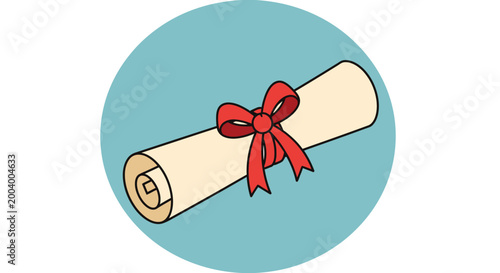 rolled paper scroll with red ribbon on blue circle