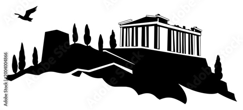 Acropolis of Athens silhouette with Parthenon temple and cypress trees, ancient Greek landmark