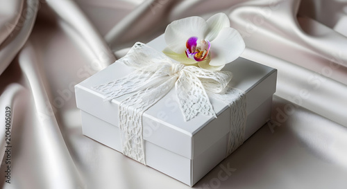 Elegant white gift box with lace ribbon and orchid on silk background