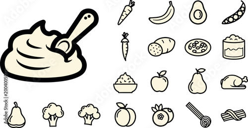 Collection of stylized food including mashed potatoes, fruits, vegetables, and cooked chicken spoon