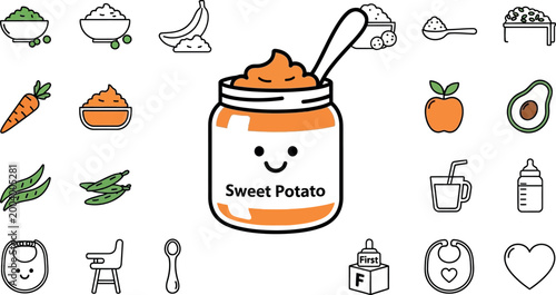 Cute sweet potato baby food jar with spoon, carrot, banana, apple, avocado, bib, chair, and more