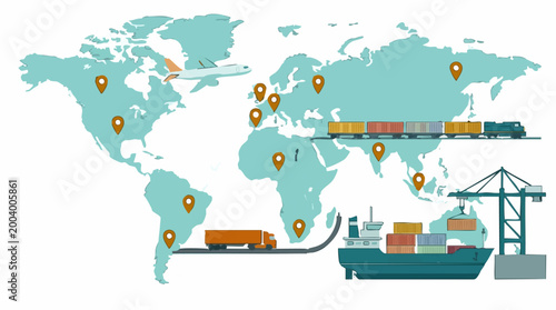 Global Logistics Network: Air, Rail, Road, and Sea Freight on World Map