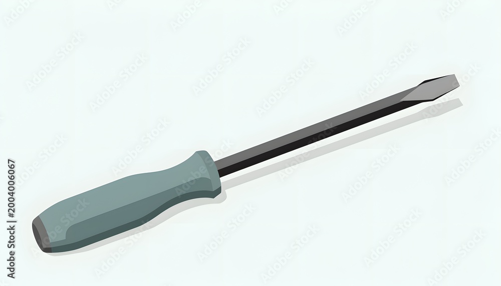 Fototapeta premium A simple, stylized illustration of a flat-head screwdriver with a light blue handle and a metal shaft, set against a plain white background, perfect for design and DIY projects