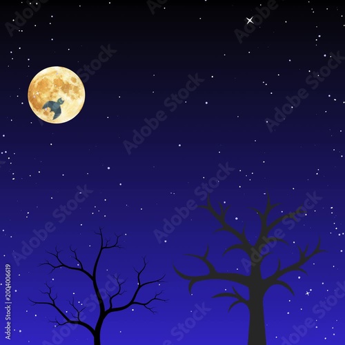 Spooky Moonlit Night Sky with Bat and Silhouette Trees