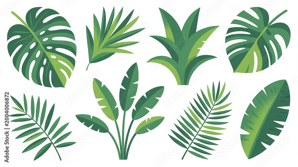 Fototapeta premium Collection of various tropical green leaves and exotic foliage isolated on white background