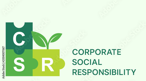 Corporate Social Responsibility (CSR) concept on a green vector background. Icon featuring puzzle pieces symbolizing responsibility. Intersection of business and environment. Vector design.