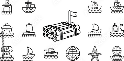 Nautical including ships, boats, and a raft, in black line on white background, nautical ships logs