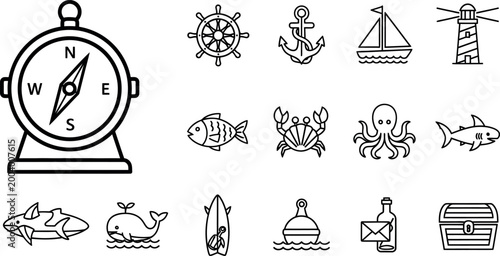 Nautical set, including compass, sailboat, anchor, and sea creatures lighthouse