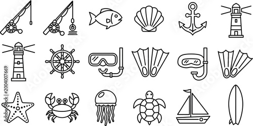 Nautical set, including sea creatures, ships, and diving equipment, in black line on white background