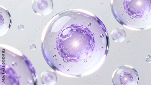 Luxurious Cosmetic Ingredient Poster, Microscopic Translucent Spherical Cell with Purple-White Gradient and Shiny Particles, Redshift Render on Light Gray Background