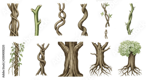 Detailed Pixel Art Collection of Varied Tree Trunks, Twisted Branches, and Lush Jungle Vines with Roots for Game Design