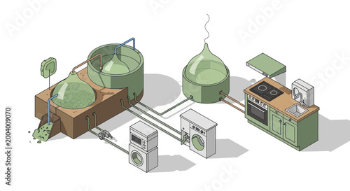 Photos Biogas production system connected to a modern kitchen and laundry