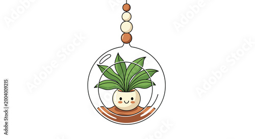 Round glass terrarium with a cute smiling plant pot hanging from a cord with white and brown beads on a plain background.