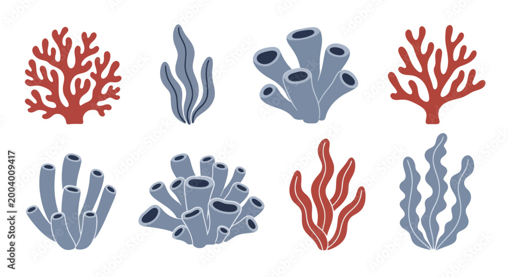 Fototapeta premium Collection of colorful underwater coral reef plants and sea anemones.