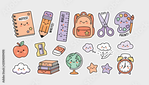 Cute School Supplies Sticker Pack Kawaii Flat Vector