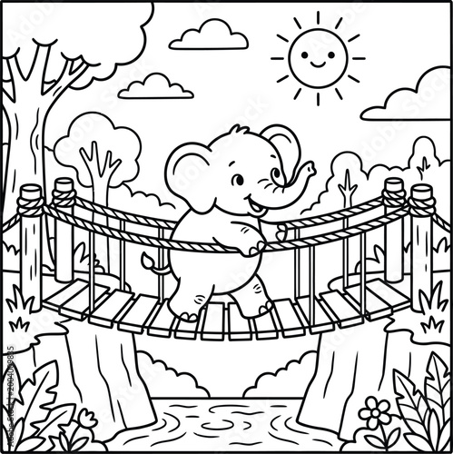 Bold and Easy Elephant Coloring Page - Cozy Moment Cute Kawaii Wild Animal Minimalist Line Art Vector Illustration for Adults and Kids Relaxing Activity Book Asset