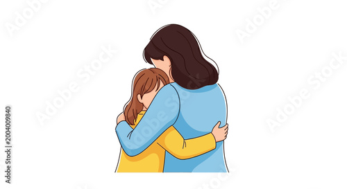 A heartwarming Mother's Day illustration shows a brunette mother embracing her daughter in a loving hug, against a clean white background with soft lighting, conveying a sense of love