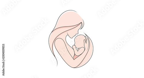 Elegant line art illustration of a mother lovingly holding her baby, a symbol of maternal love and care, presented in a minimalist style with soft pastel colors against a clean white
