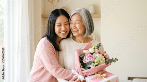 Daughter hugs mother with flowers and gift, celebrating a special occasion