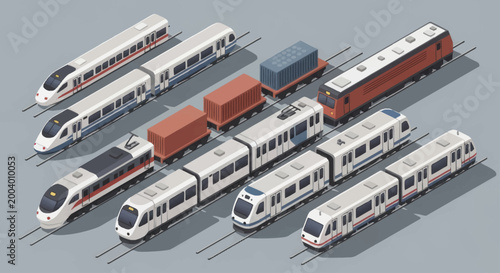 Collection of modern trains and cargo wagons isometric view.