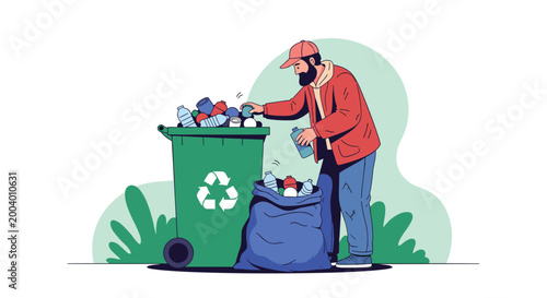 Responsible man in a red jacket and cap sorts plastic bottles into a green recycling bin to help protect the environment and reduce waste.