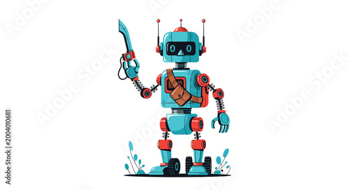 Small blue robot stands upright while holding a curved sword in its hand and wearing a brown satchel bag over its shoulder.
