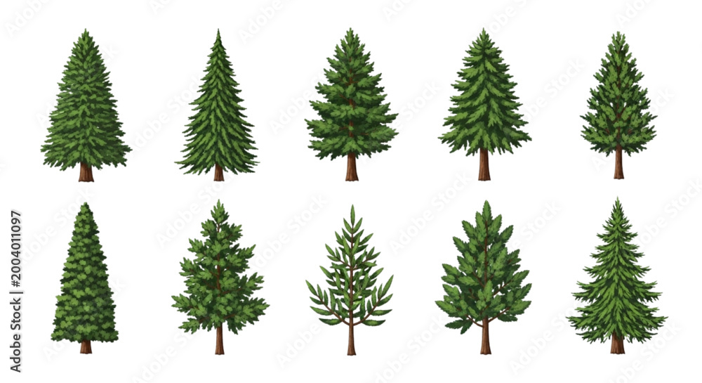 Obraz premium Diverse Set of Evergreen Coniferous Trees Pine, Spruce, and Fir Varieties for Nature-Inspired Designs