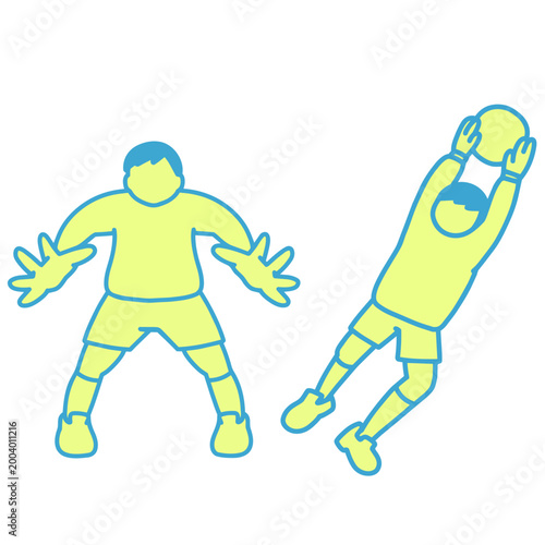 Cute hand-drawn soccer goalkeeper illustration, save and defense pose in yellow and blue, World Cup football clipart transparent background
