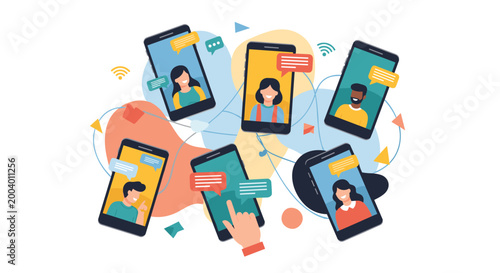 Collage of various diverse people connected via video calls and text messages on their smartphones, illustrating digital communication.