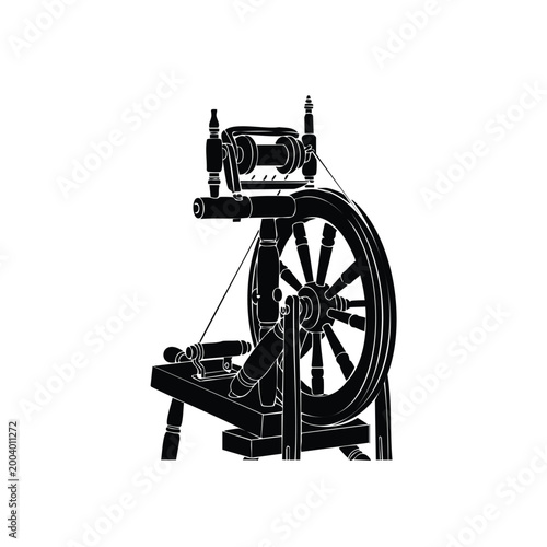 Vintage spinning wheel silhouette set bundle for traditional weaving.