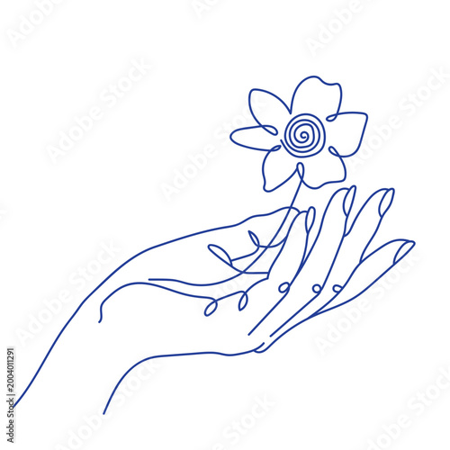 Delicate Hand Holding a Single Flower Gentle Abstract Line Art Minimalist Blue Strokes Gentle Growth and Beauty Concept