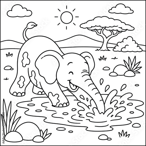 Bold and Easy Elephant Coloring Page - Cozy Moment Cute Kawaii Wild Animal Minimalist Line Art Vector Illustration for Adults and Kids Relaxing Activity Book Asset