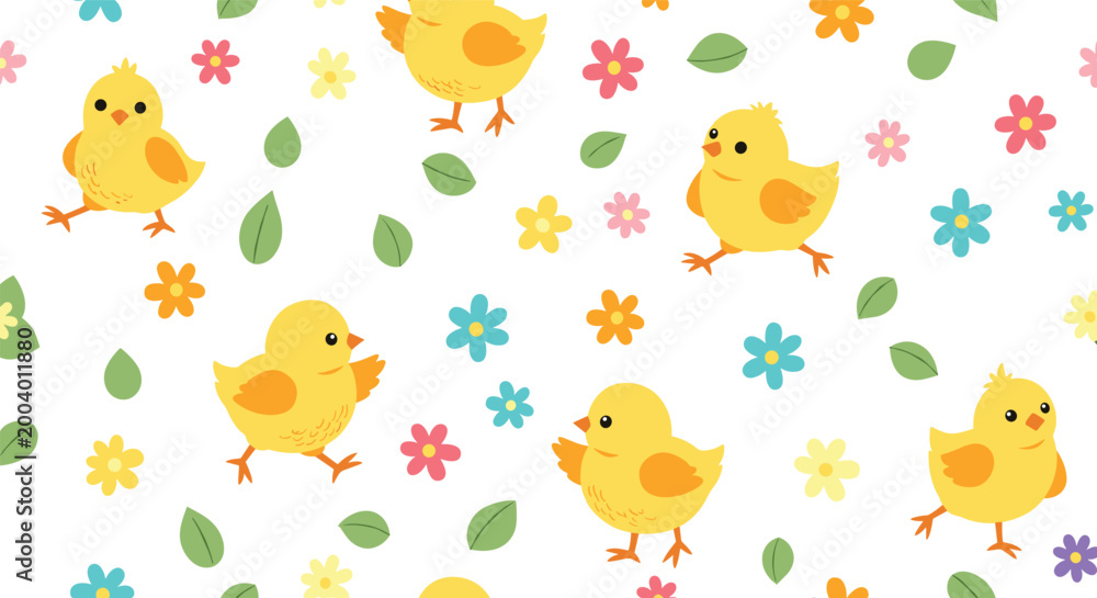 Fototapeta premium Bright and cheerful seamless pattern featuring cute little yellow chicks leaves and small colorful flowers on a white background.