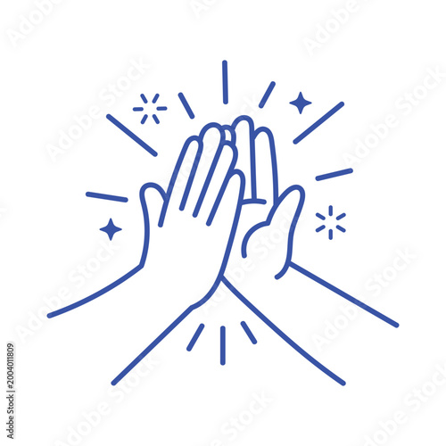 Teamwork Success Celebration High Five Partnership Achievement Victory Unity Collaboration Togetherness Joyful Gesture Blue Line Art Sparkles