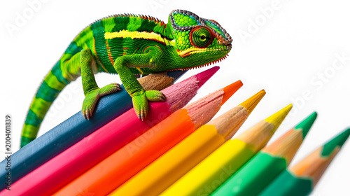 Green chameleon sitting on rainbow pencils. LGBTQ creativity, adaptation and identity concept