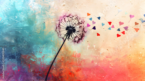 Watercolor dandelion blowing rainbow hearts. LGBTQ love, dreams and hope concept